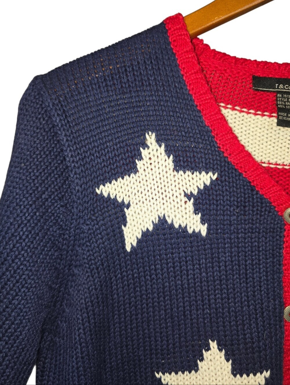 T & Company American Flag Knit V-neck Cardigan Sweater Patriotic USA Size Medium - Picture 2 of 9